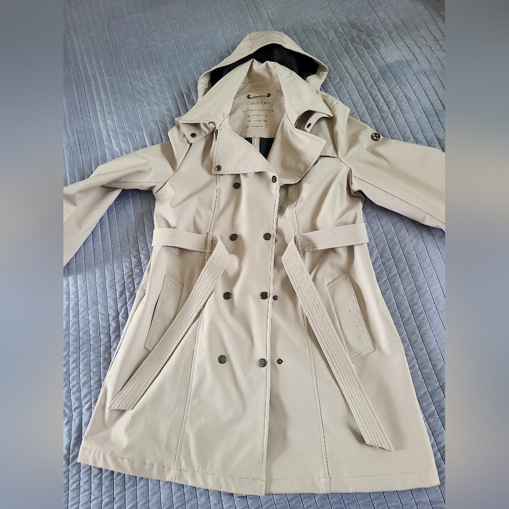 NEW Calvin Klein Rain Trench Coat, Oyster, Removable Hood | Sz XL